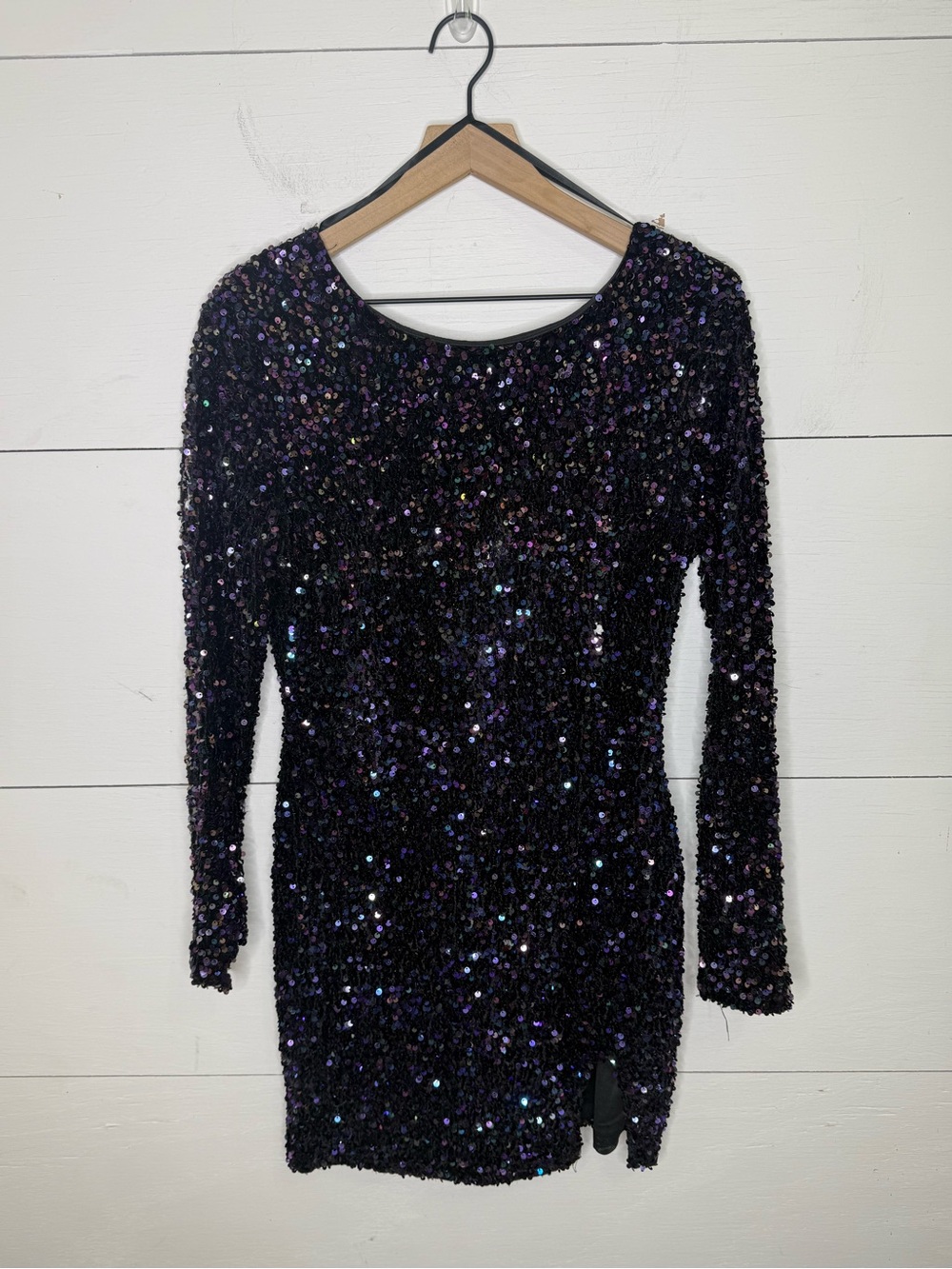 Crystal Sky • Long Sleeve Black Sequin Mini Dress Size Large